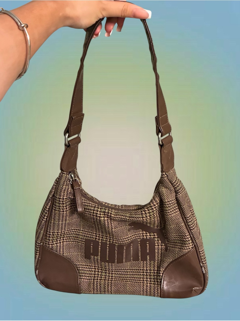Puma Brown Plaid Shoulder Bag with Leather Trim
